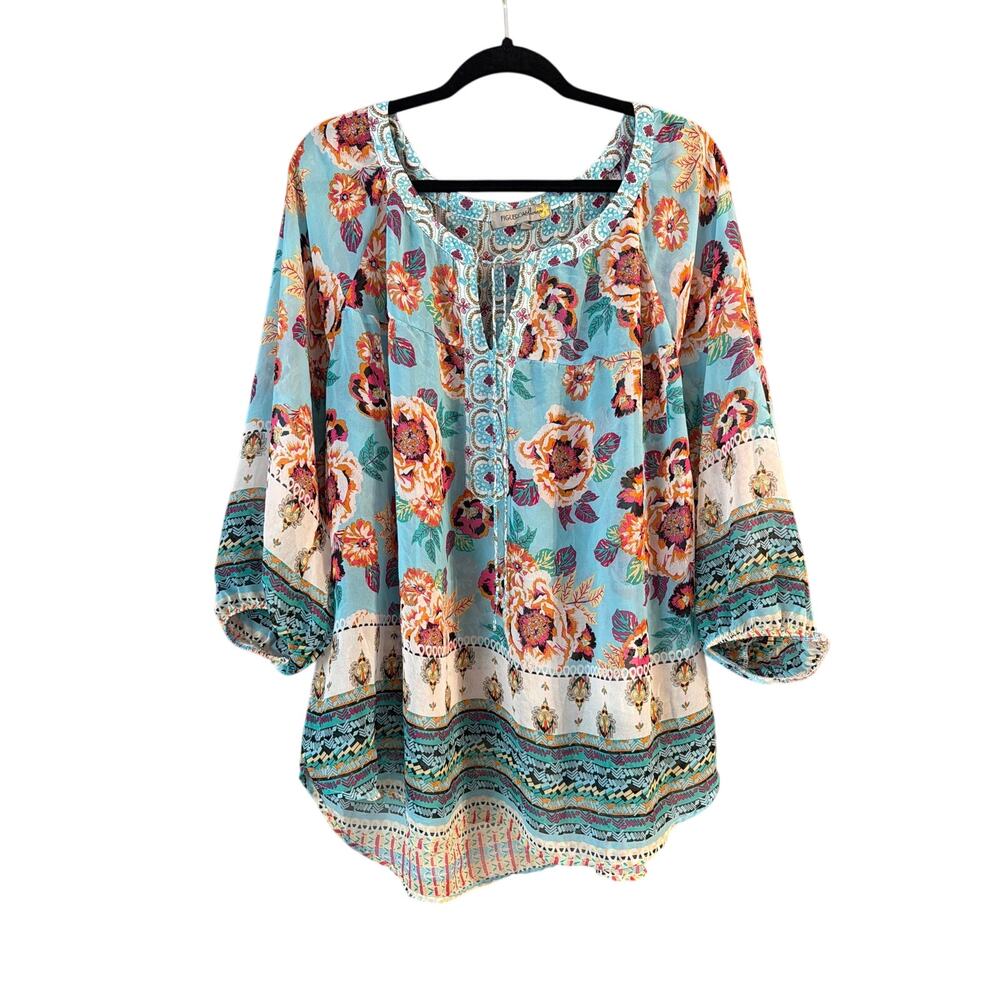 Figueroa & flower Women's Plus Size Blue Cream Orange Floral Blouse Size 3X